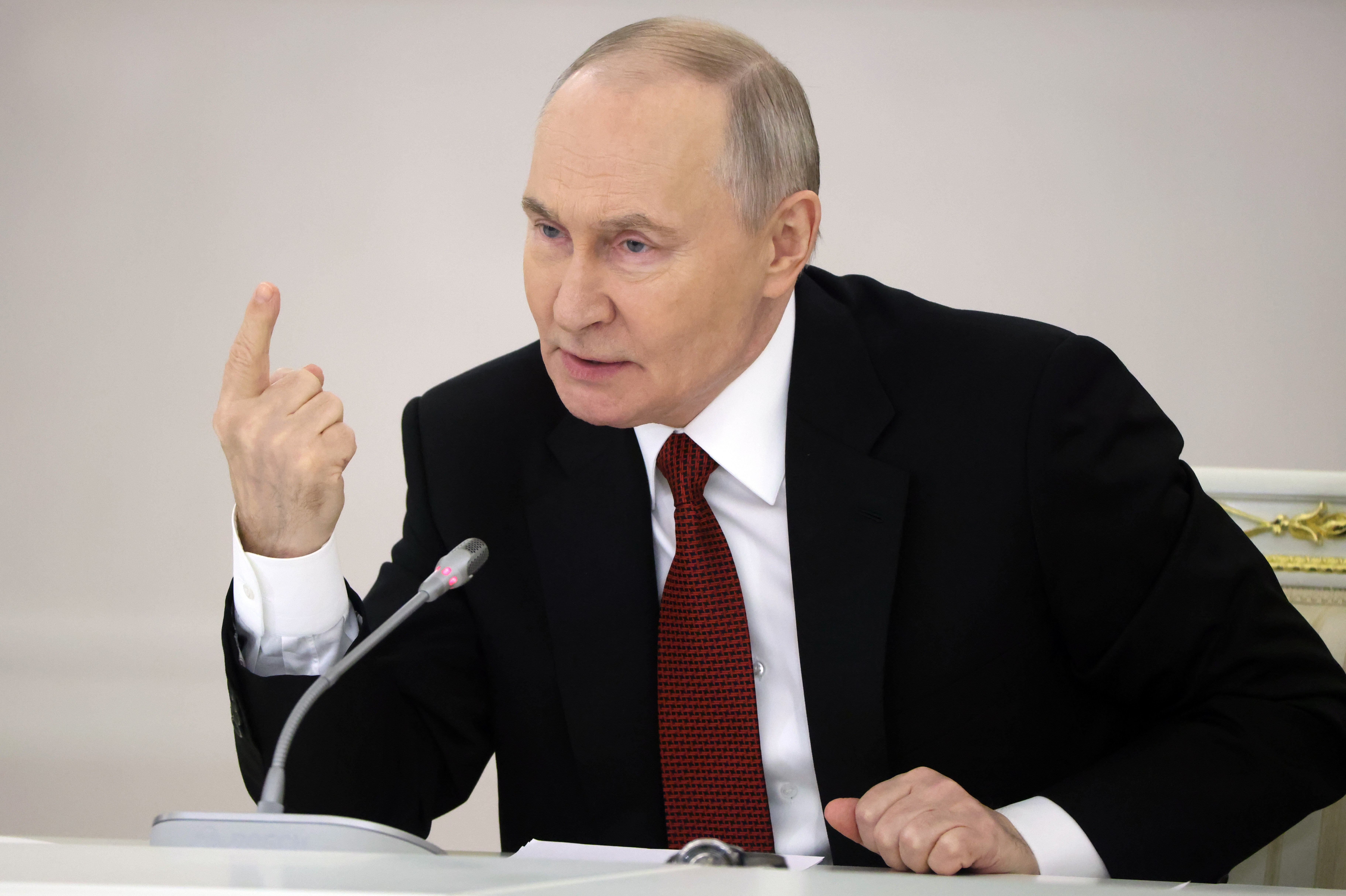 Russian President Vladimir Putin gestures while speaking at the State Council Meeting in Moscow.