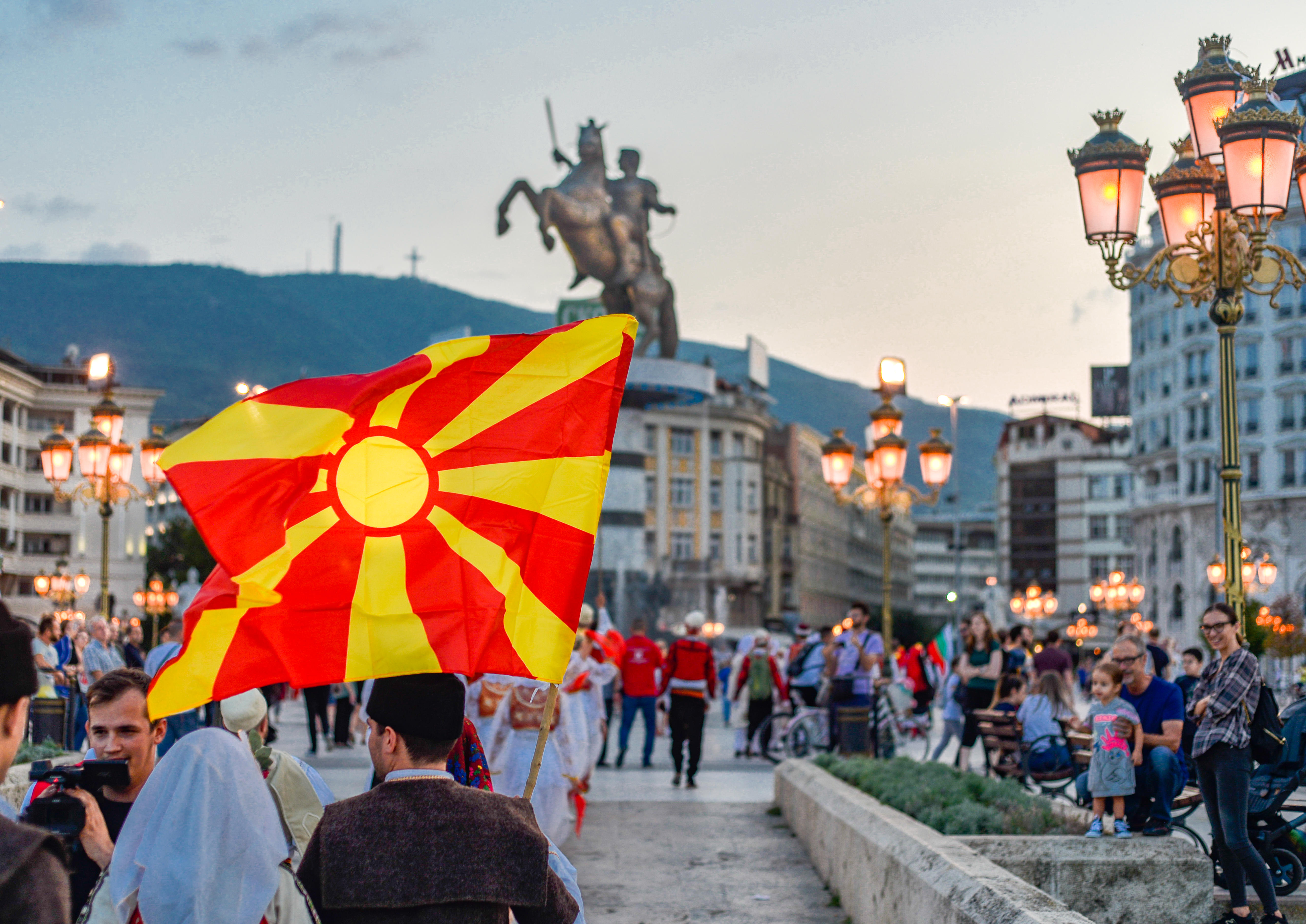 Macedonian flag at a festival in Skopje.