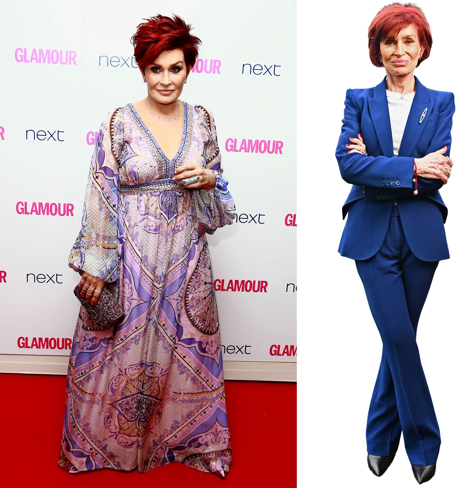 Collage of Sharon Osbourne in a patterned dress on a red carpet and Sharon Osbourne in a blue pantsuit.