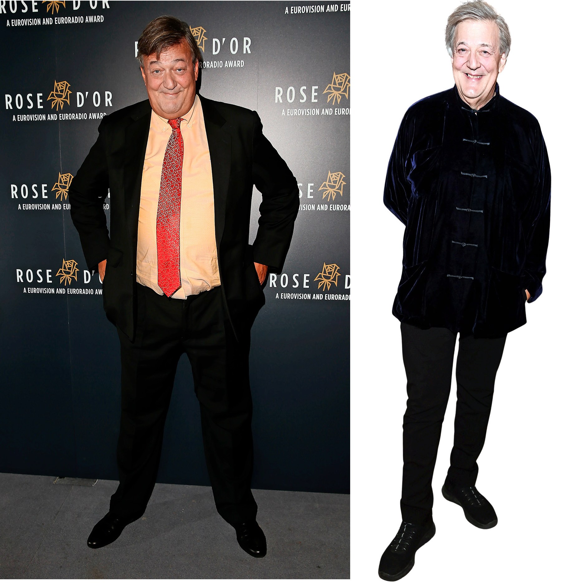 Collage of Stephen Fry before and after weight loss, with the Rose d'Or award backdrop in the first image.