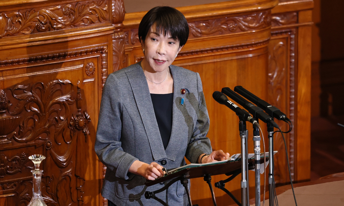 Japanese Prime Minister Sanae Takaichi replies during a plenary session of the House of Councilors at the National Diet building in Tokyo, Japan, on December 3, 2025. Photo: VCG