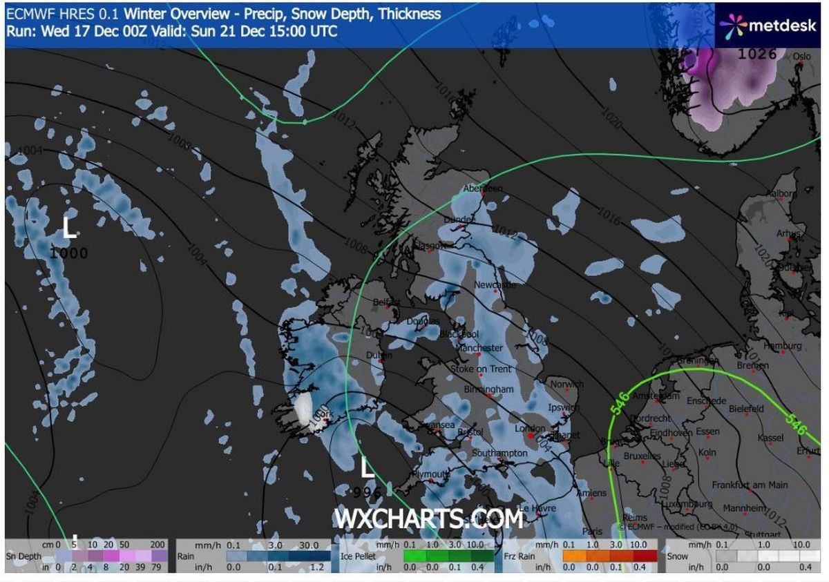 Weather model turns white as it signals snow in the southwest on Sunday afternoon