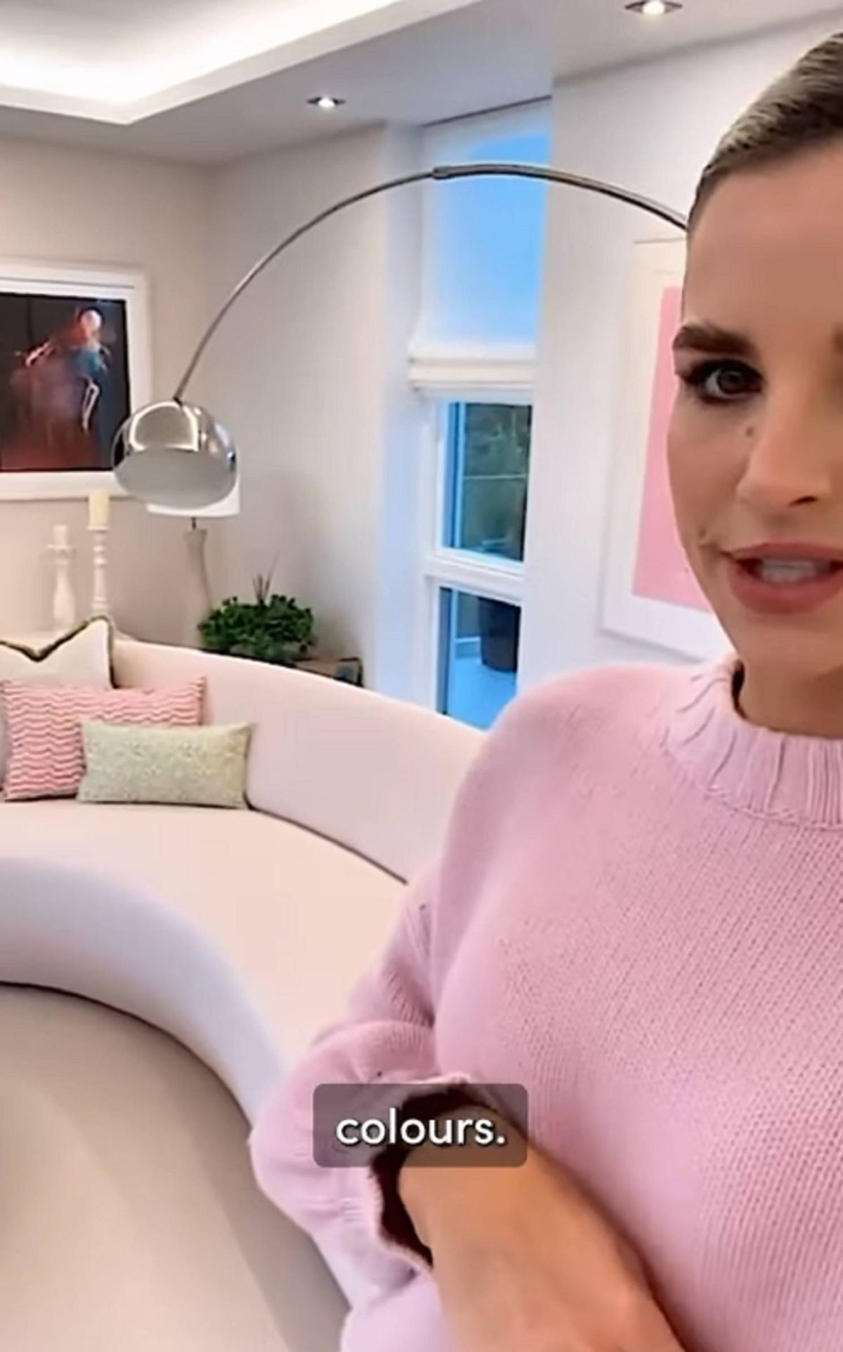 Vogue Williams in a softly decorated lounge area