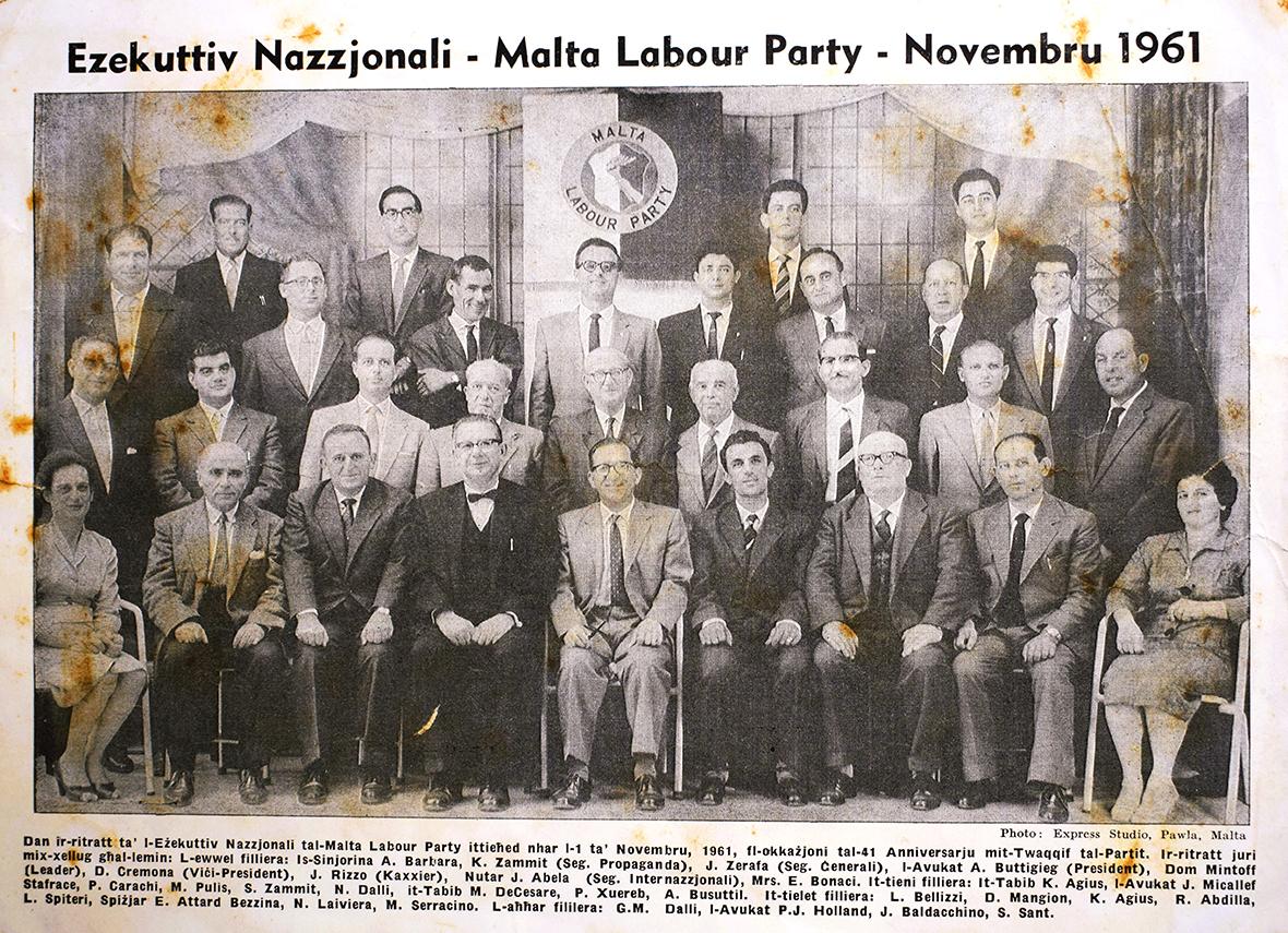 Card showing the Malta Labour Party executive committee in 1961.