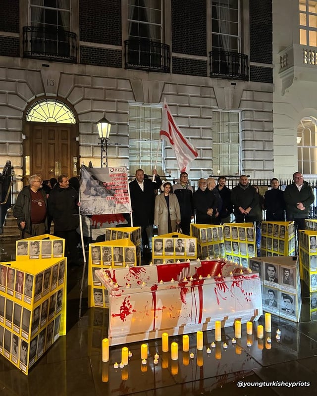 As Turkish Cypriots gathered outside the Greek Cypriot High Commission to commemorate the victims of Bloody Christmas, the Commission hung banners from its building, including the quote: “If you repeat a lie often enough, people will believe it, and you will even come to believe it yourself."