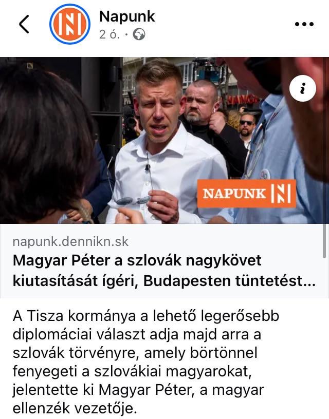Magyar Péter promises that when he comes to power, he will expel the Slovak ambassador because of the Beneš decrees - writes Napunk - the Hungarian section of Denník N.