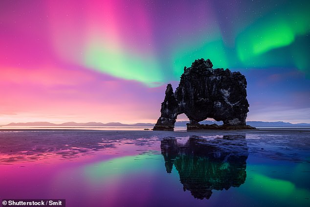 Each year, millions of travellers visit Iceland in the hope of catching a glimpse of the Northern Lights. The lights are pictured over Basalt stack Hvitserkur on the Vatnsnes peninsula, Iceland
