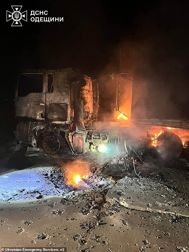A truck burns at the site of a Russian missile and drone strike, amid Russia's attack on Ukraine, in Odesa region on December 19, 2025