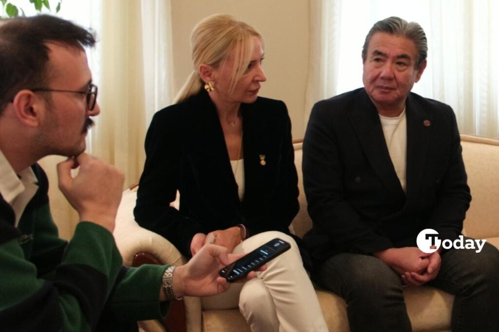 From left, journalist Koray Erdogan, Pinar Acilan Horikoshi and chef Shunichi Horikoshi during an interview at the Official Residence of the Consul-General of Japan in Istanbul, Türkiye. (Photo by Kutay Ozer)