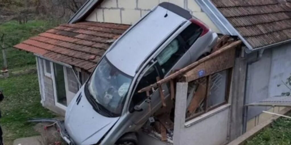 Car ends up on top of a house in Serbia, footage of the accident is published