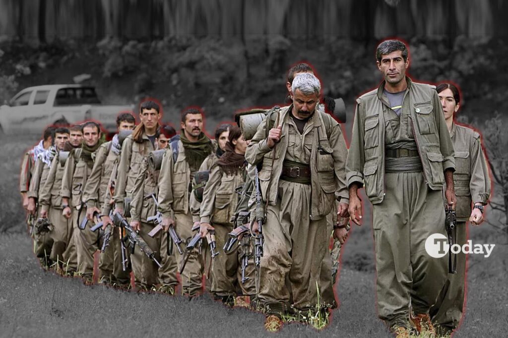 Members of the terrorist organization PKK walking in an unknown place at an undated time. (Collage by Türkiye Today)
