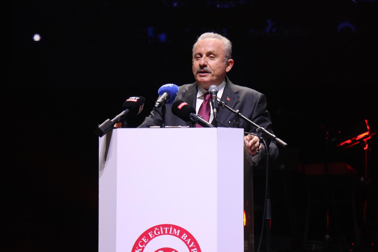 Former Turkish Parliament Speaker Mustafa Sentop delivers a speech during the Turkish Language Education Day ceremony in Skopje, North Macedonia, December 21, 2025. (AA Photo)