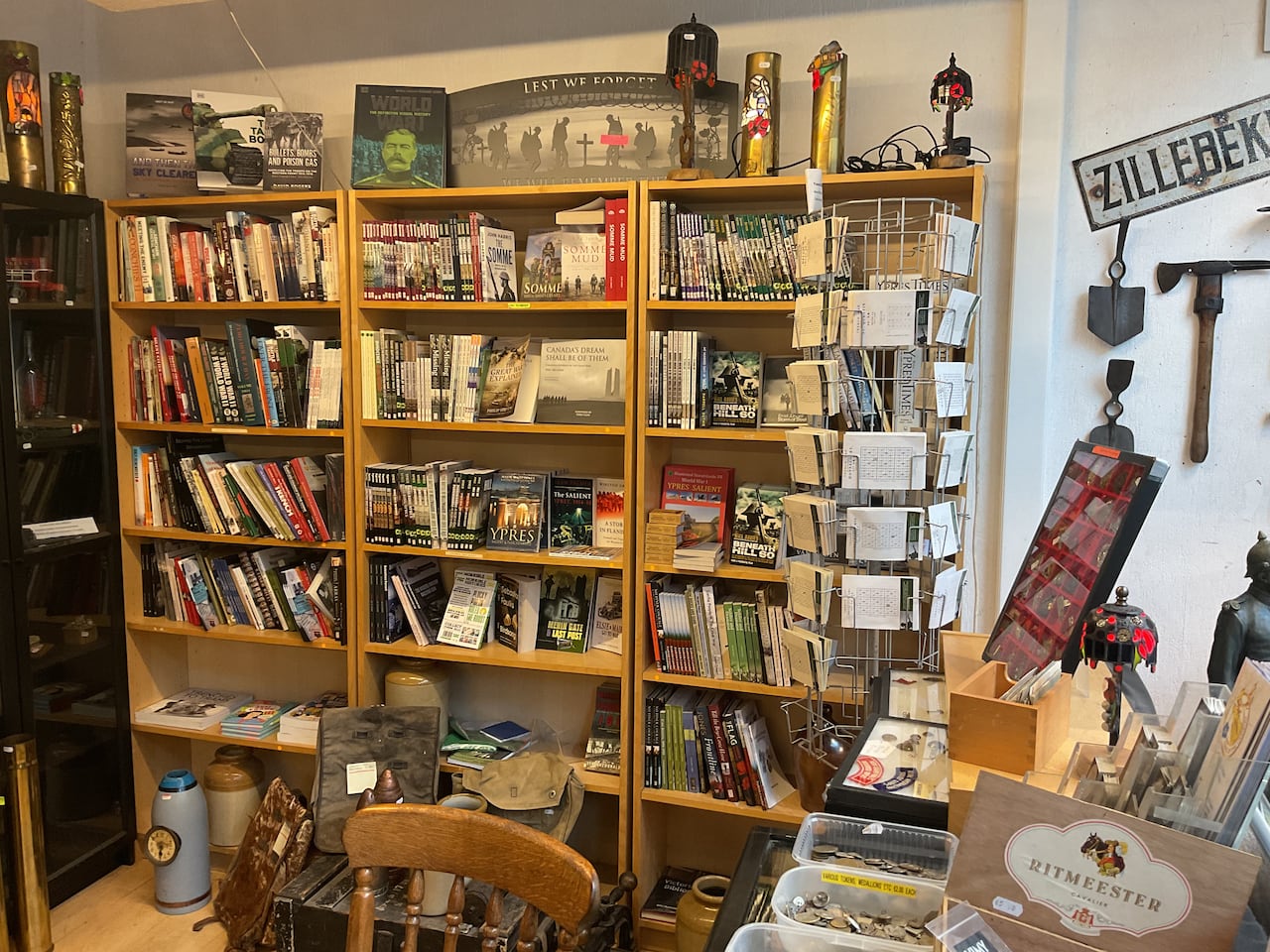 Inside a shop, showing books.