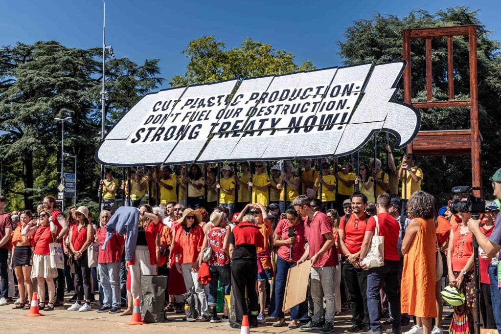 Campaigners at the second part of the fifth session of the Intergovernmental Negotiating Committee on plastic pollution, including in the marine environment (INC-5.2) in Geneva, Switzerland.