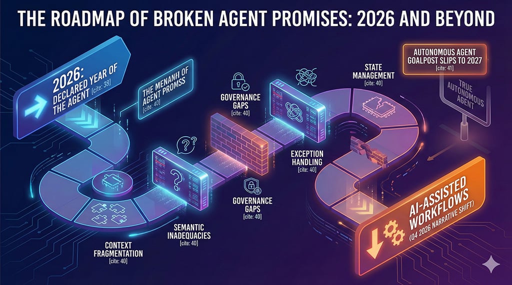 Illustrated roadmap showing why 2026's declared Year of the Agent will fail: blockers include context fragmentation, semantic inadequacies, governance gaps, exception handling, and state management, leading to a narrative shift toward AI-assisted workflows and autonomous agent goalposts slipping to 2027.