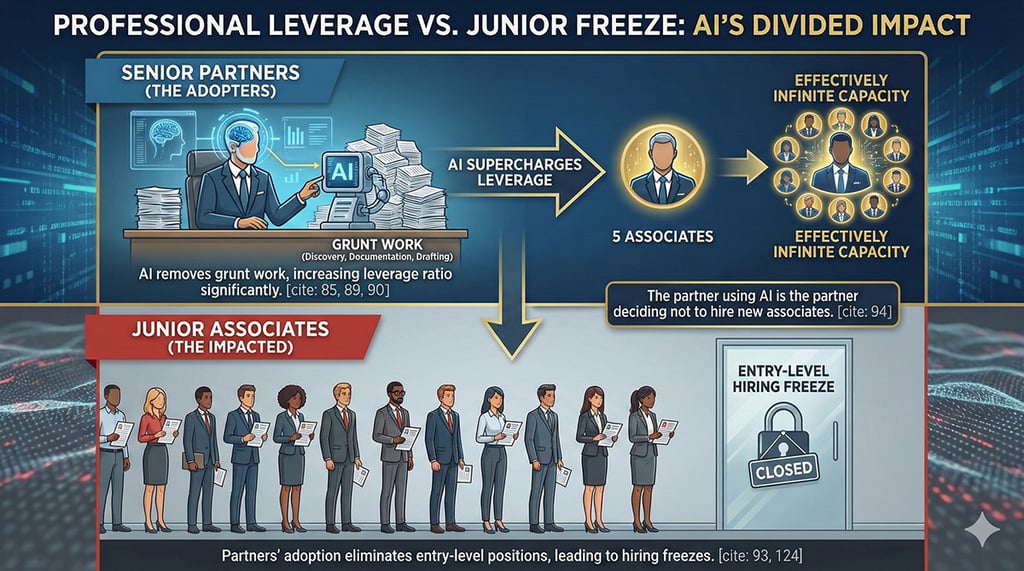 Infographic showing AI's divided impact on professional services: senior partners using AI to eliminate grunt work and achieve infinite leverage ratio, while junior associates face entry-level hiring freezes as partners decide not to hire new staff.