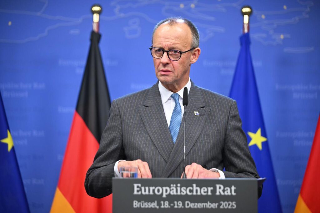 German Chancellor Friedrich Merz, who attended the EU Leaders’ Summit, speaks during a press conference in Brussels, Belgium on Dec. 19, 2025. (AA Photo)