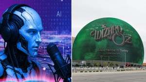 Left: A robot speaking into a podcast mic with a purple background; Right: A "Wizard of Oz" advertisement on the Las Vegas Sphere