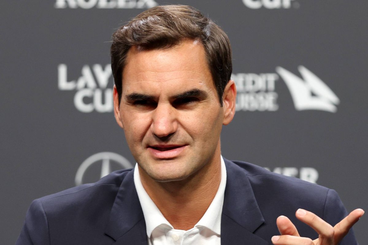 Roger Federer of Team Europe talks to the media during a press conference ahead of the Laver Cup at The O2 Arena on September 21, 2022 in London, England. 