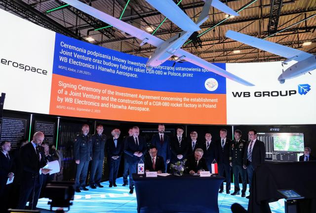 A contract-signing ceremony at MSPO 2025, the International Defense Industry Exhibition, in Kielce, Poland.
