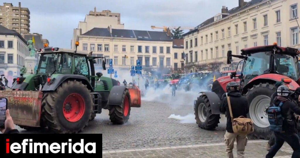Tear gas and flares clash in Brussels between farmers and police