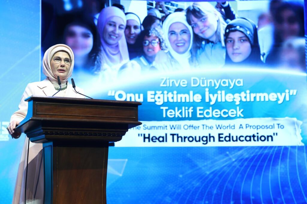 Türkiye’s first lady Emine Erdogan makes a speech during the 5th Istanbul Education Summit organized by the Turkish Maarif Foundation at the Ataturk Cultural Center in Istanbul, Türkiye on Dec. 5, 2025. (AA Photo)