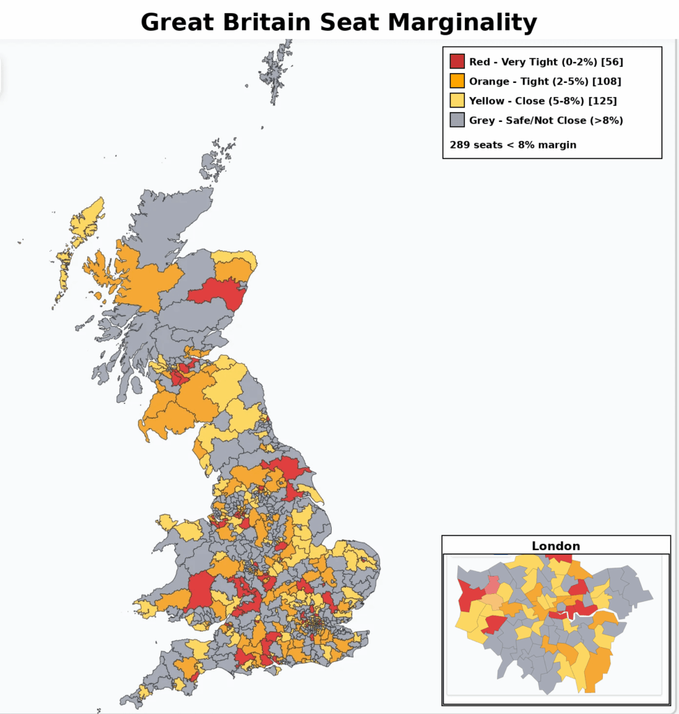 [OC]An electoral map of Great Britain shaded by constituency seat marginality, based on the latest GB voting poll
