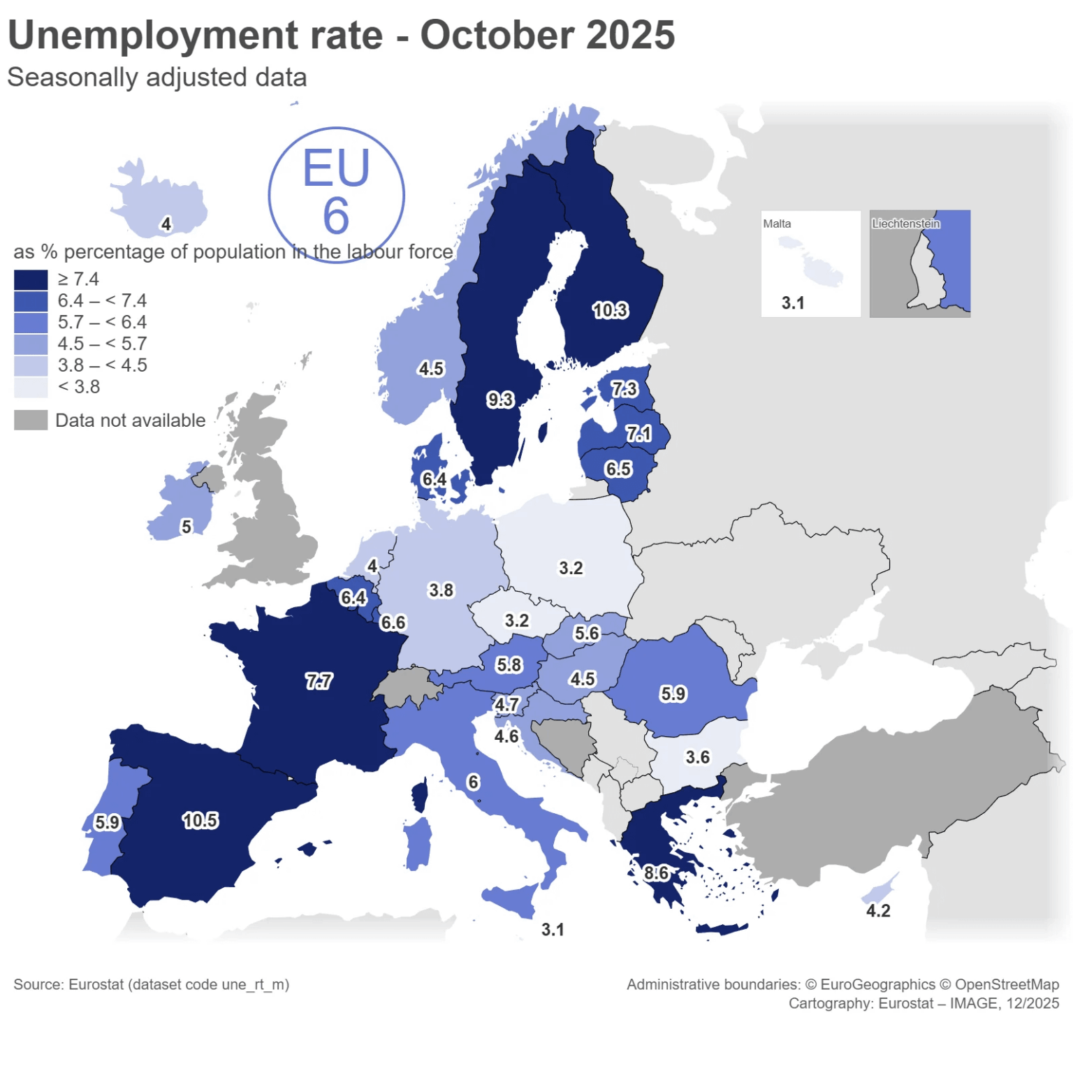 Unemployment rates in Europe, Finland soon to overtake Spain at just 0.2% behind