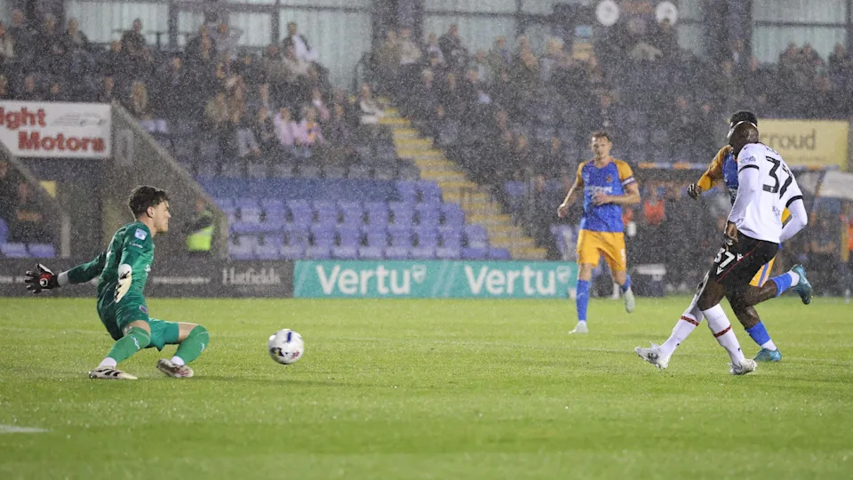 Albert Adomah scores for Walsall in their 3-1 win at Shrewsbury in the Vertu Trophy group game between the sides in September