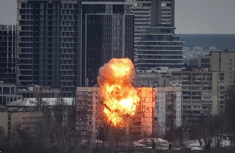 A drone hits an apartment building during a Russian missile and drone strike, amid Russia's attack on Ukraine, in Kyiv, Ukraine December 27, 2025.