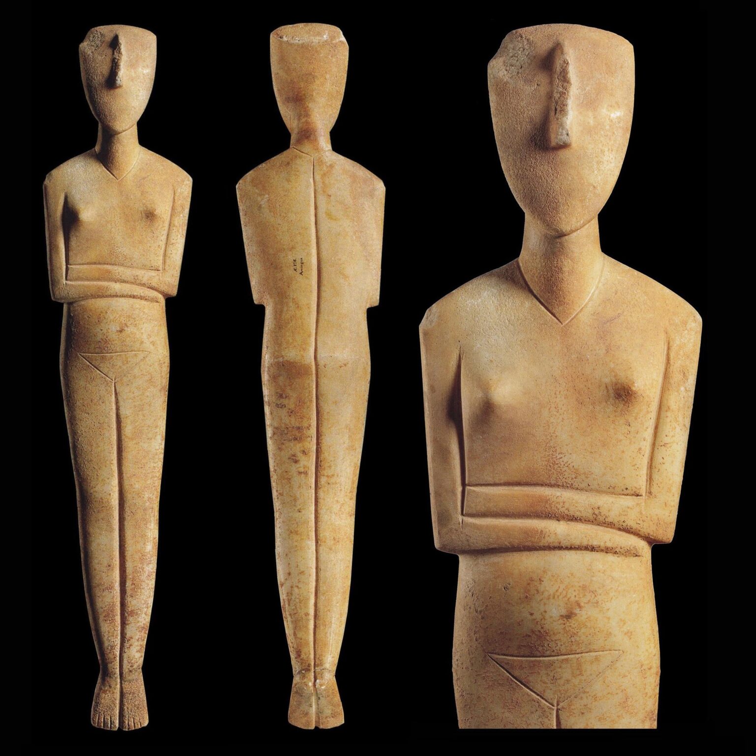 Cycladic marble female figurine, regular type - Dokathis variant. attributed to the Ashmolean sculptor (by Pat Getz-Gentle). Proto-Cycladic II period, c. 2800 – 2300 BC. Height: 75.9 cm. Ashmolean Museum of Art and Archaeology, Oxford, United Kingdom. (2250x2250)