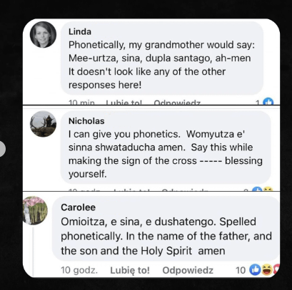 Americans of "Polish descent" trying to write in the name of father and son and the Holy Spirit, amen