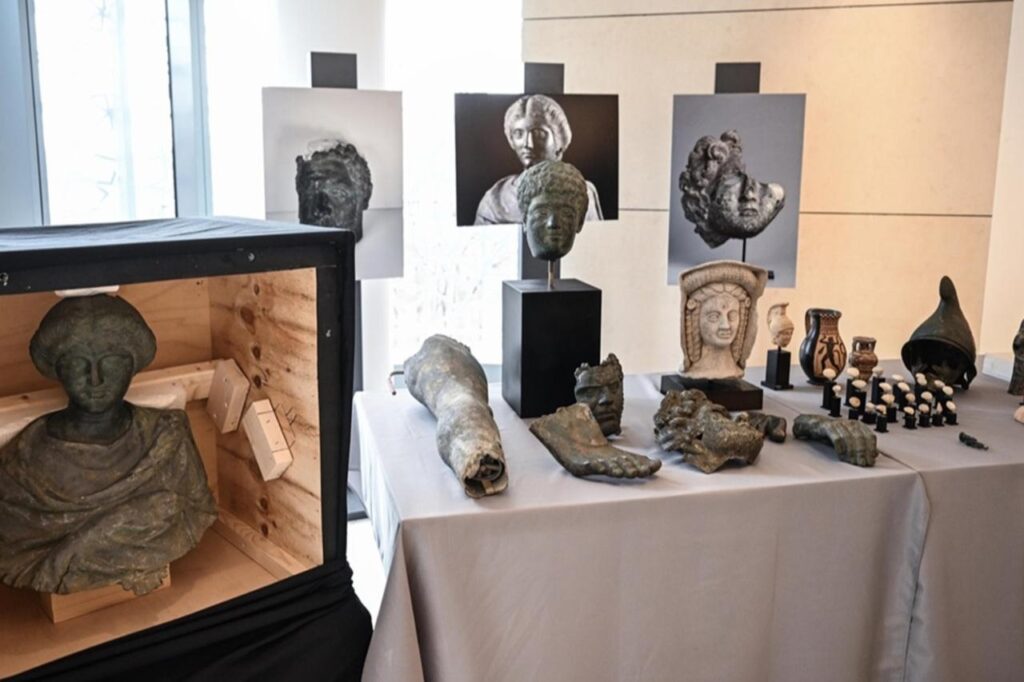 Repatriated Anatolian artifacts, including bronze sculptures, marble and terracotta pieces, Kilia type idol heads and helmets, are displayed in New York ahead of their return to Türkiye, Dec. 5, 2025. (AA Photo)
