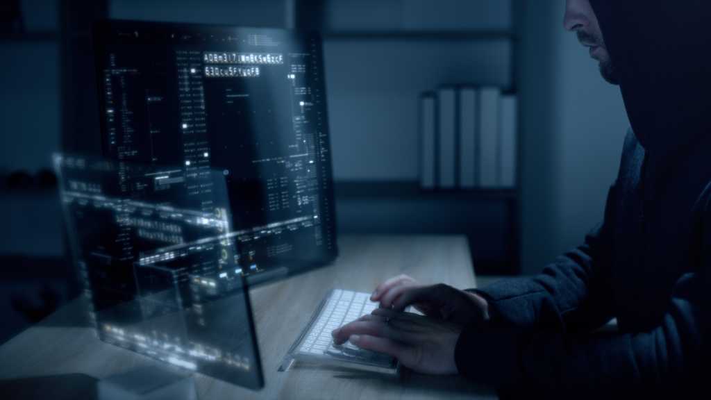 Futuristic cyber hacker operating under the guise of Anonymous, employs advanced algorithms to infiltrate cybersecurity systems and exploit vulnerabilities in password security. Concept : Cyber Hacker
