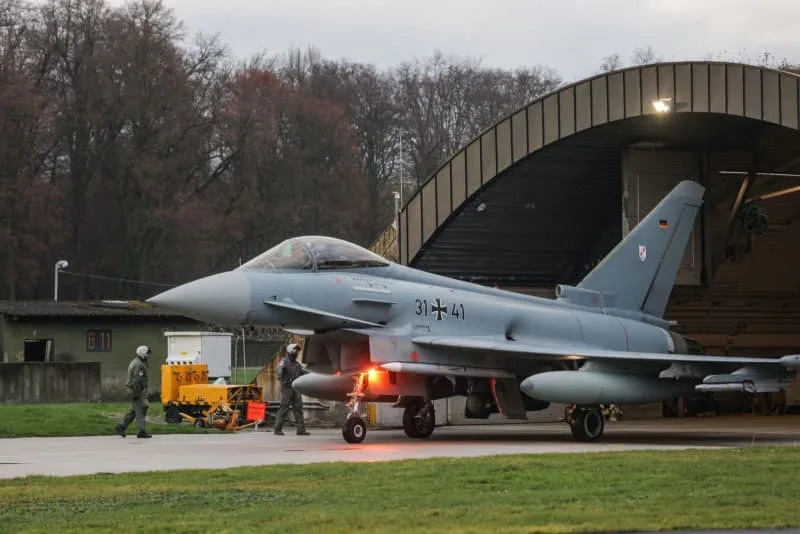 A German Air Force Eurofighter taxis to the runway at Noervenich airbase. The Luftwaffe has begun transferring Eurofighters from Tactical Air Wing 31 "Boelcke" to the NATO border in Poland. Oliver Berg/dpa