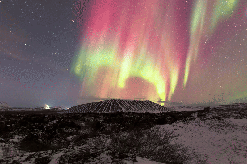 I photographed dancing aurora above Hverfjall volcano