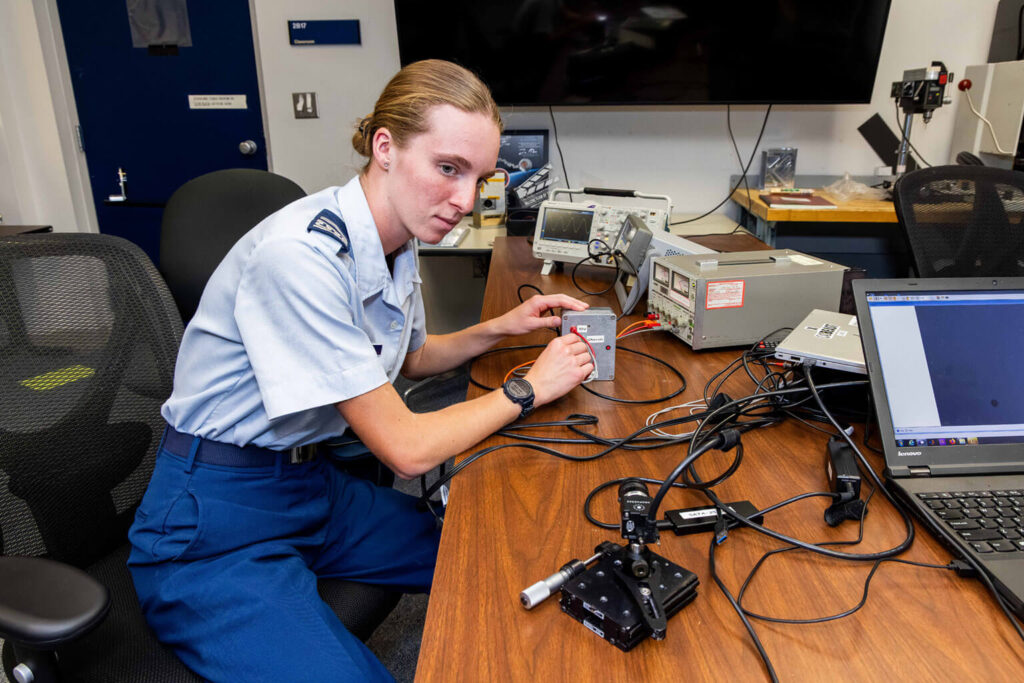 Cadet 2nd Class Anna Harden works with an event-based sensor, Space Physics and Atmospheric Research Center.