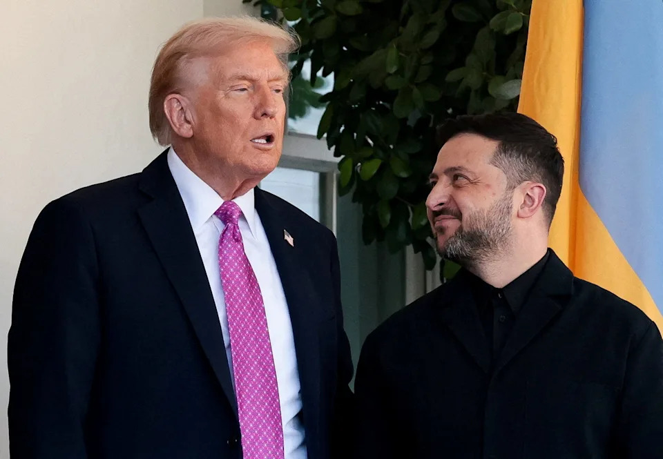 U.S. President Donald Trump welcomes Ukraine's President Volodymyr Zelenskiy at the White House in Washington, D.C., U.S., October 17, 2025.