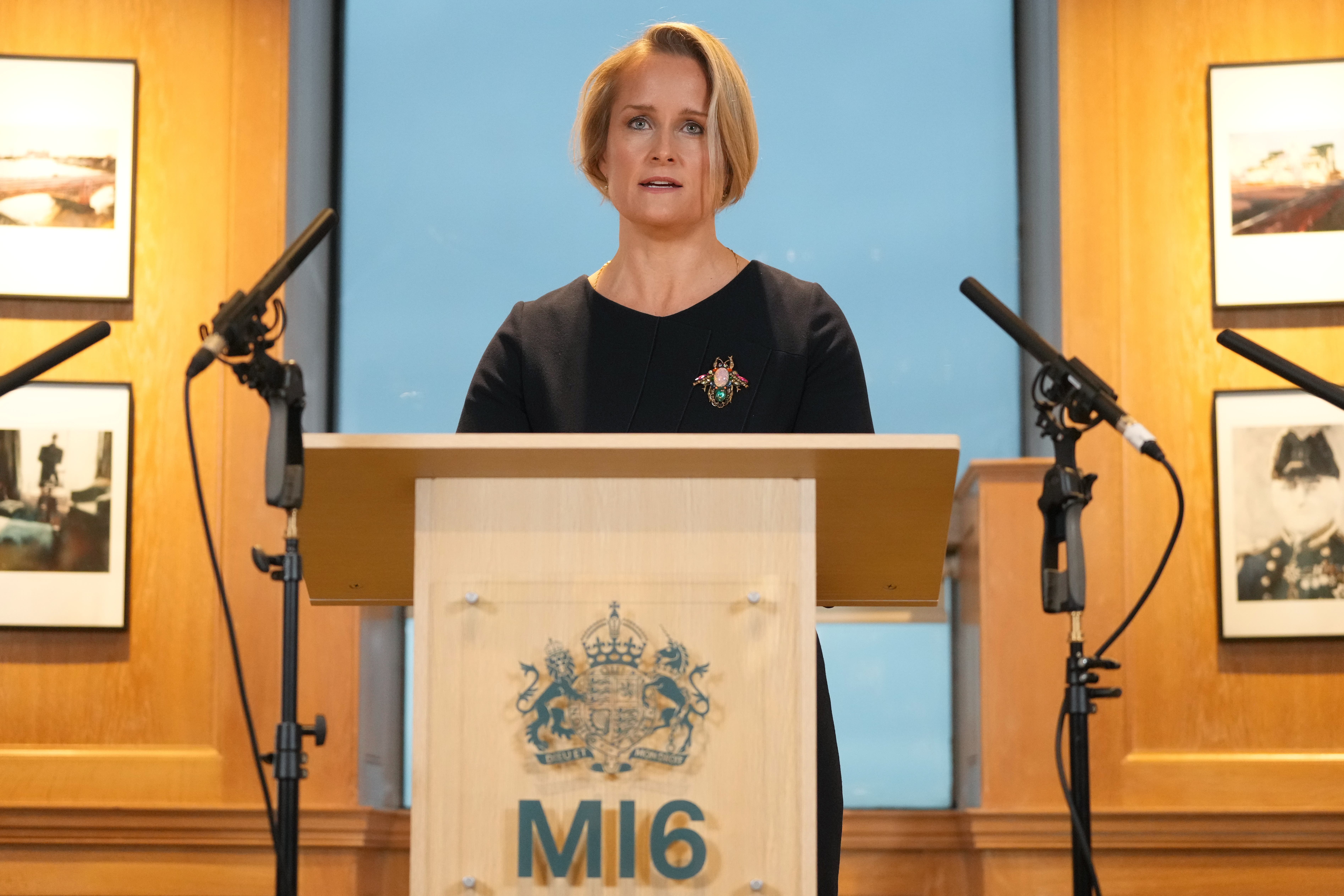New head of MI6 Blaise Metreweli delivering her first major public speech at the headquarters of MI6