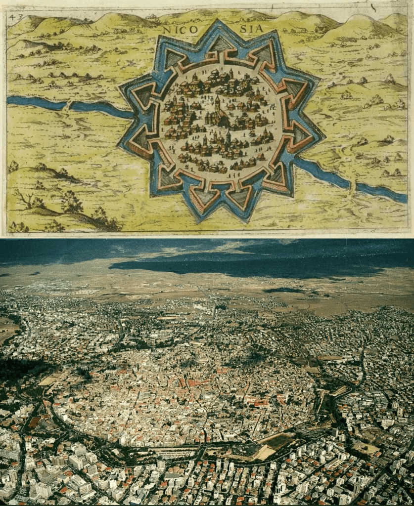 A 16th century map of the ancient Cyprus island city from above and today