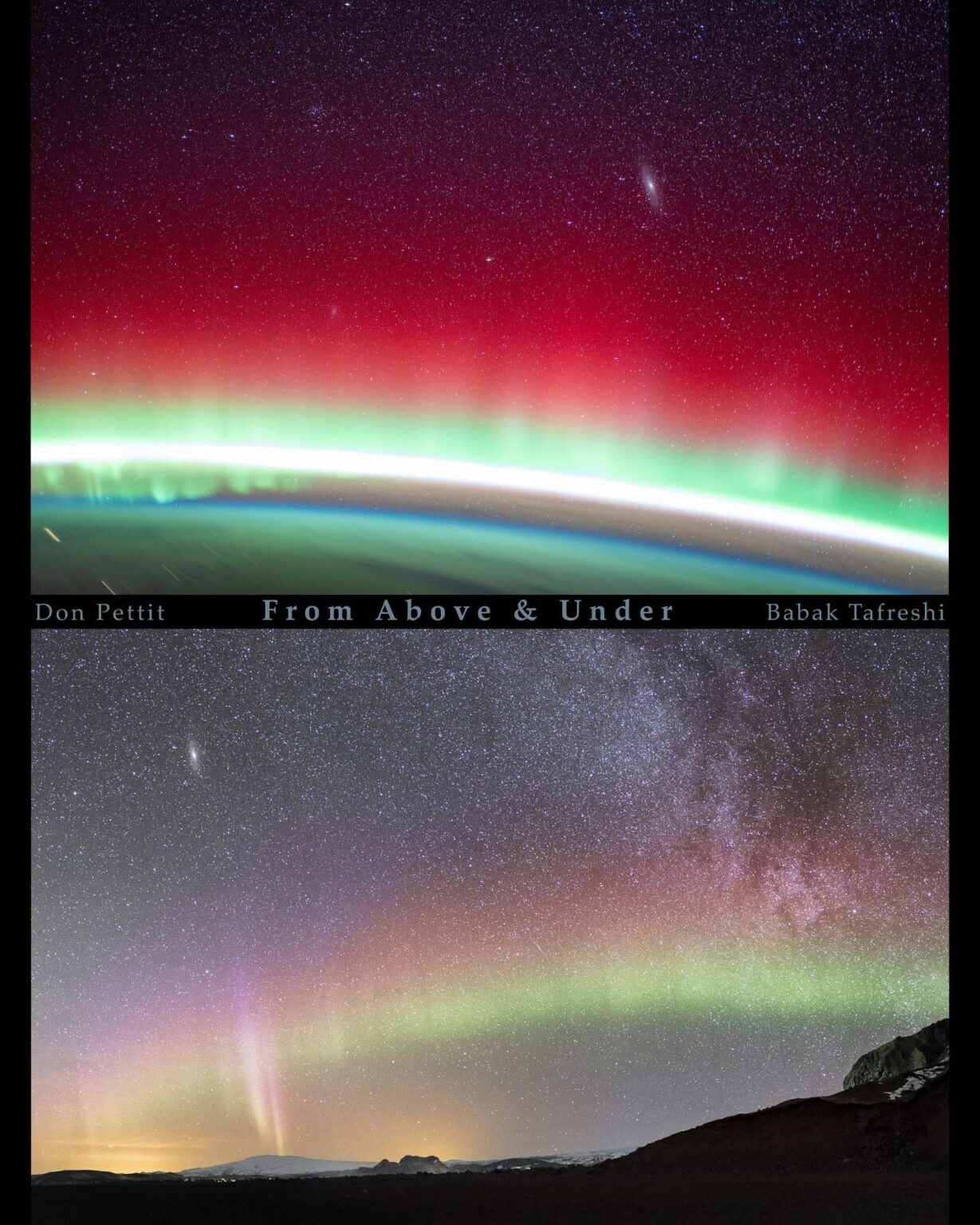Photographing Andromeda above auroras, from Earth and space simultaneously