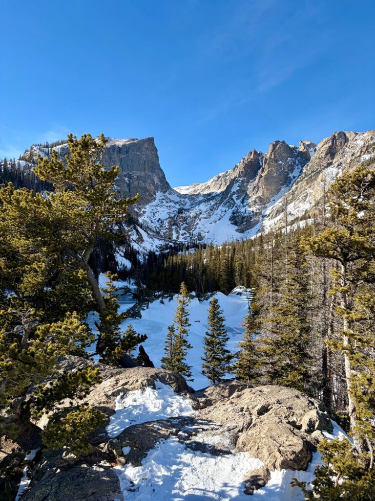 Fresh snow and frozen lakes in Rocky Mountain National Park