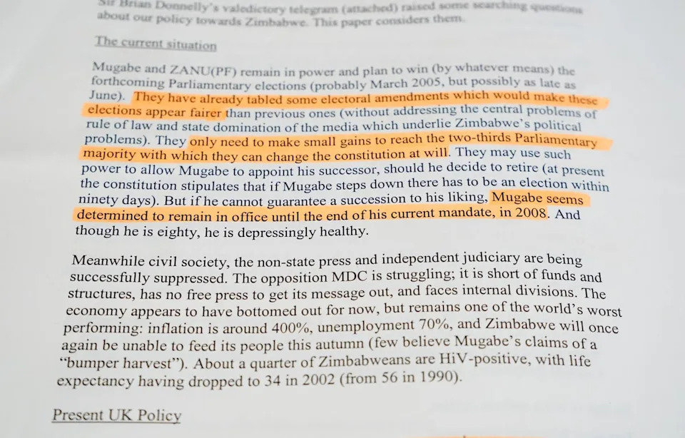 An excerpt from a document released by the National Archives regarding policy towards Zimbabwe (PA)