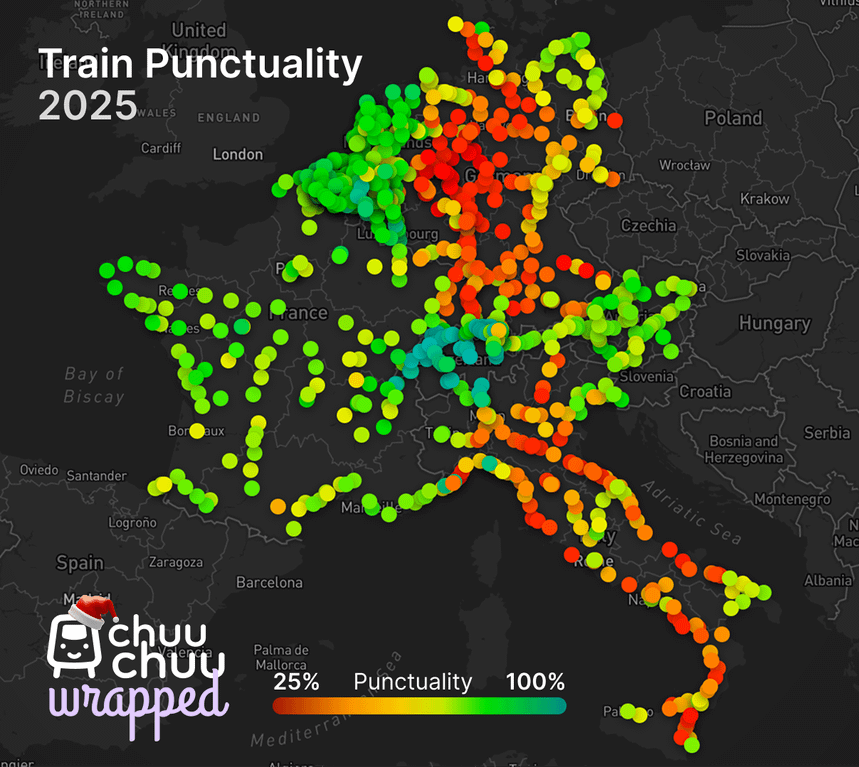 Train punctuality per station in 7 European countries in 2025