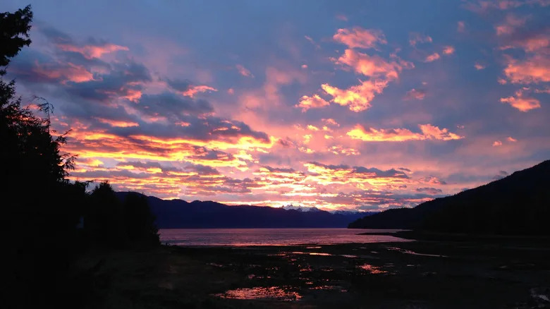Fiery sunset over a Petersburg, Alaska shoreline