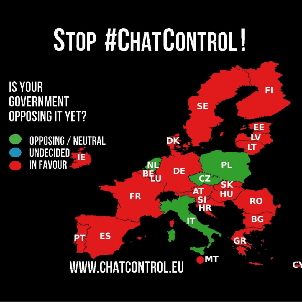 A map that shows which countries support Chat control.