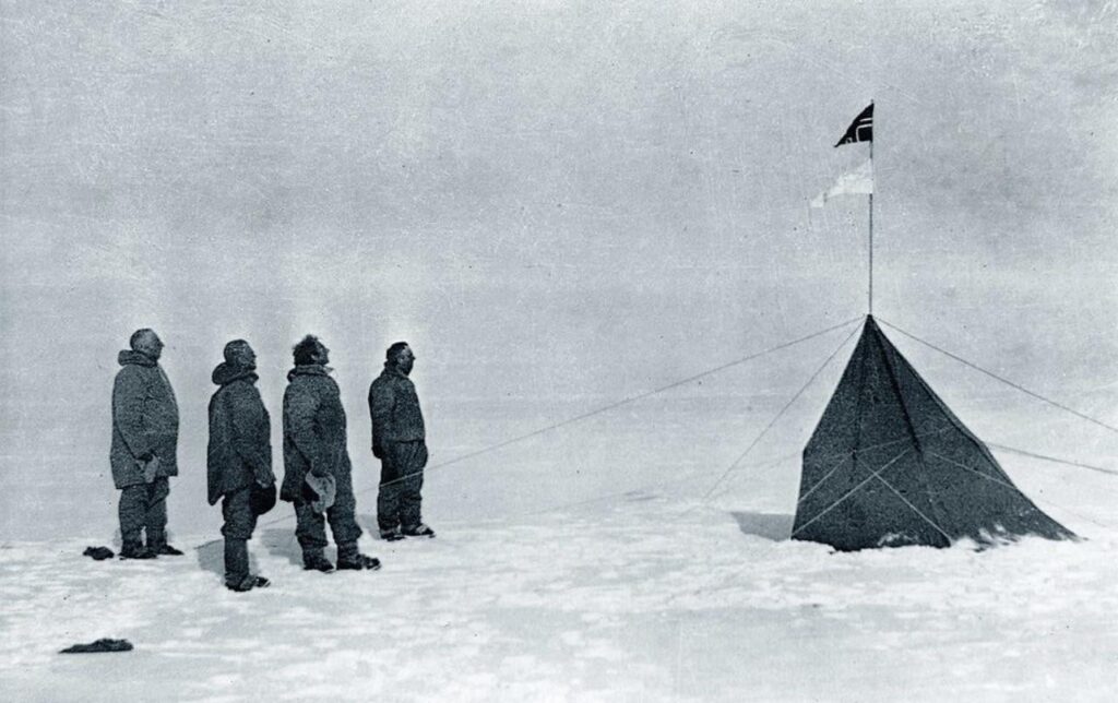 Roald Amundsen and his team at the South Pole on December 14th, 1911, after beating Robert Falcon Scott’s British expedition to become the first to reach the pole.