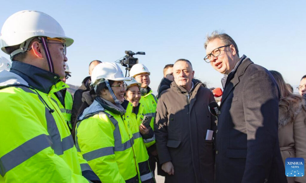 Serbian President Aleksandar Vucic (1st R, front) speaks with Chinese workers while inspecting construction of the Chinese-built Danube Corridor fast road in Golubac, Serbia, Dec. 29, 2025. Vucic said the road would significantly improve connectivity along the Danube and support economic development in eastern Serbia, expressing satisfaction with the quality of construction and confidence in the Chinese builders.(Photo by Wang Wei/Xinhua)