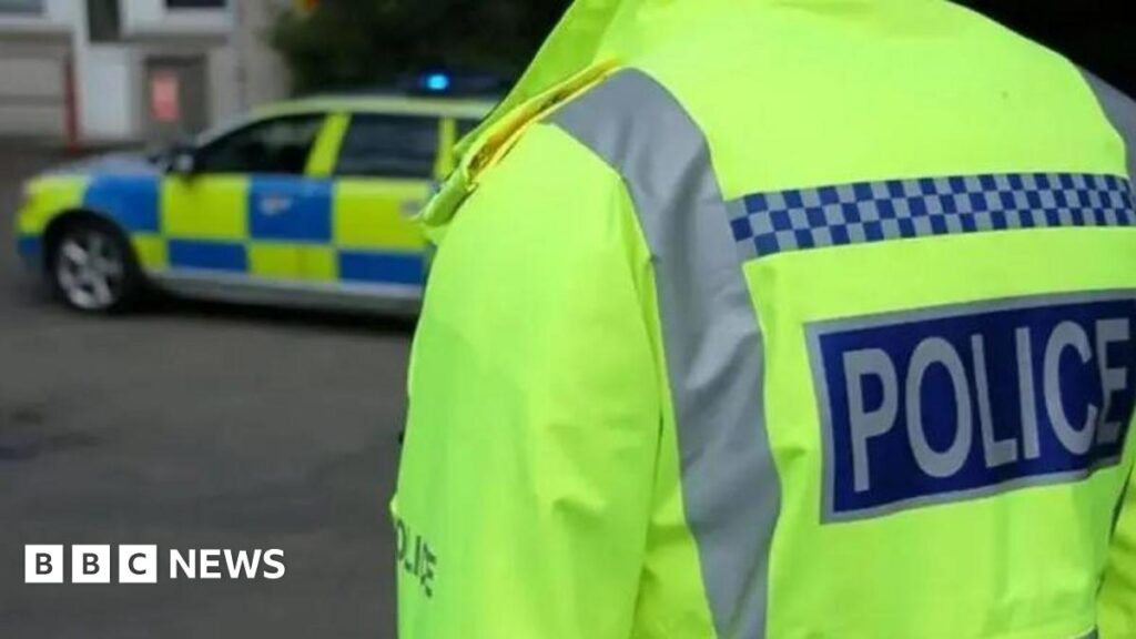 Police officer in hi-vis jacket taken from the back with a police car in the background.
