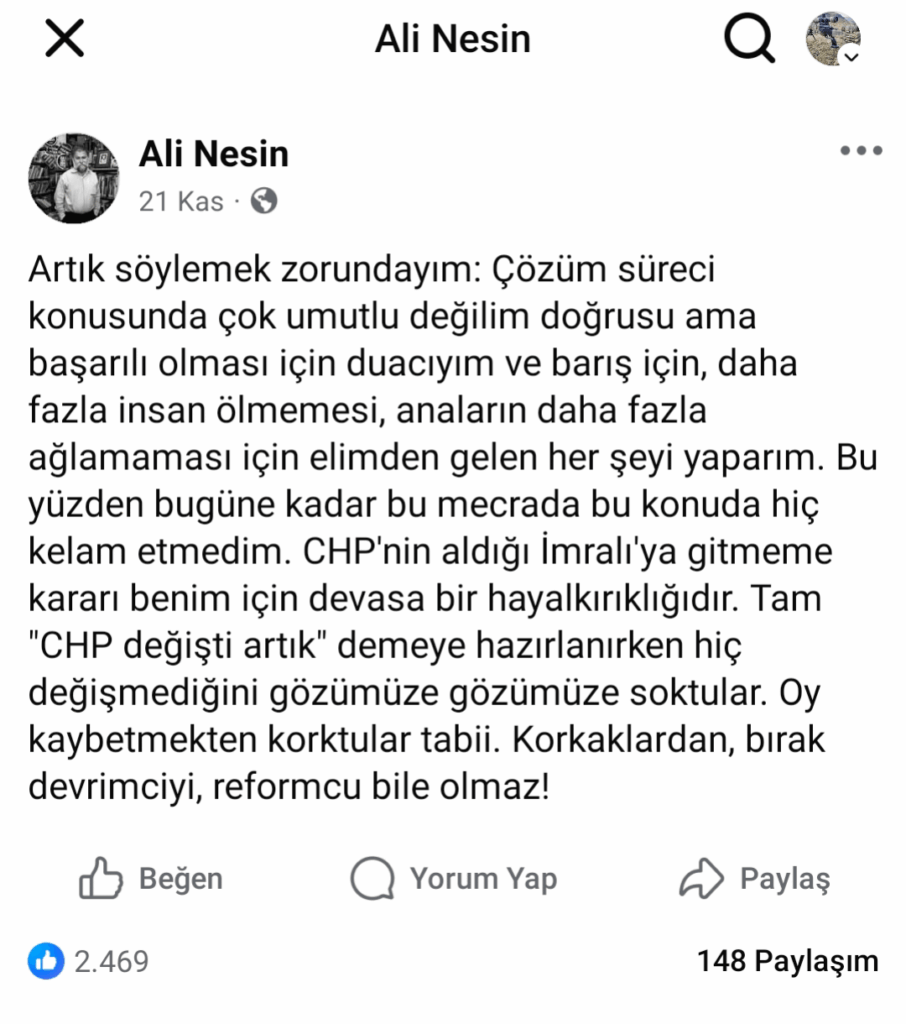 Ali Nesin: CHP's decision not to go to İmralı is a huge disappointment for me. Cowards cannot even be reformers, let alone revolutionaries!